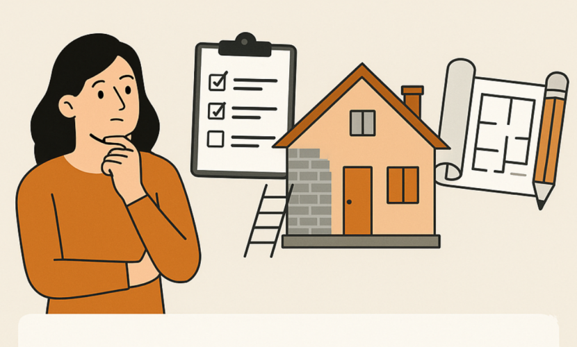 Cómo planificar una reforma integral sin contratiempos: Guía completa paso a paso”, con ilustraciones de una mujer revisando una lista, planos enrollados y una casa en obras, acompañada de un esquema con los pasos esenciales para una reforma exitosa.