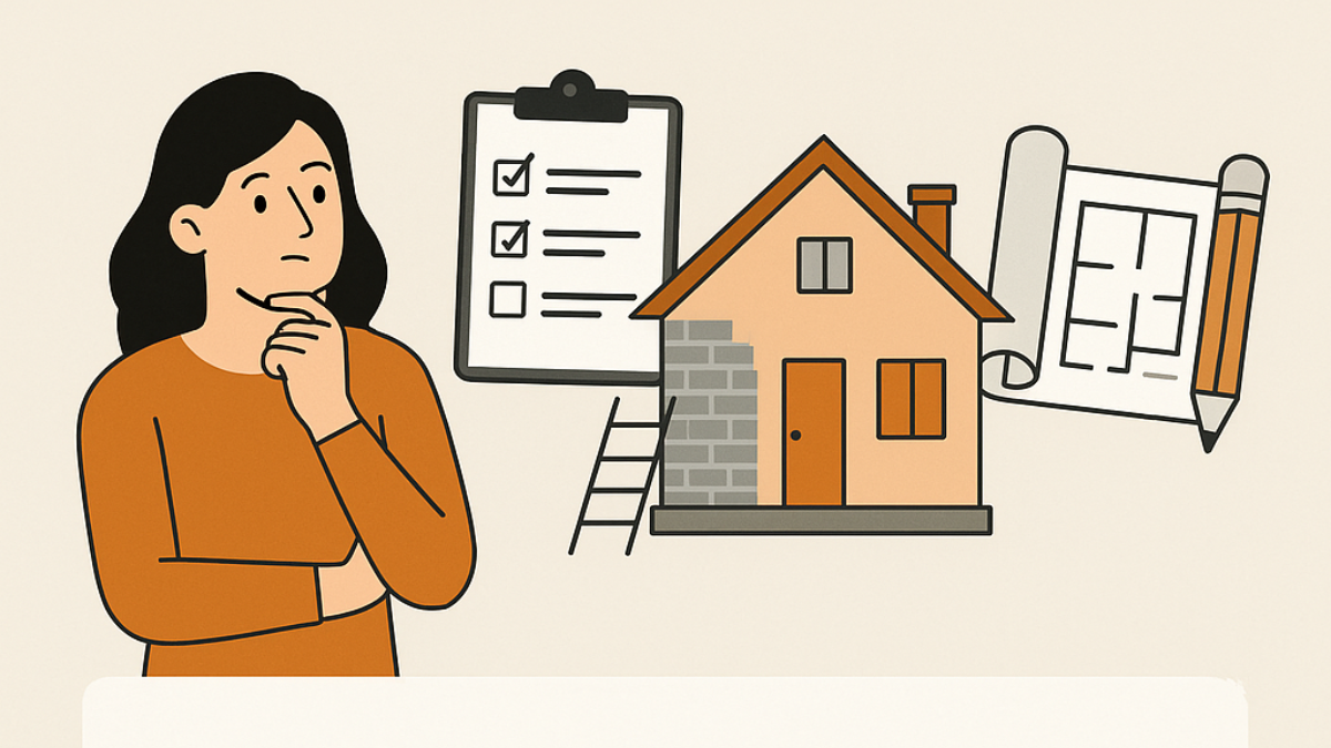 Cómo planificar una reforma integral sin contratiempos: Guía completa paso a paso”, con ilustraciones de una mujer revisando una lista, planos enrollados y una casa en obras, acompañada de un esquema con los pasos esenciales para una reforma exitosa.