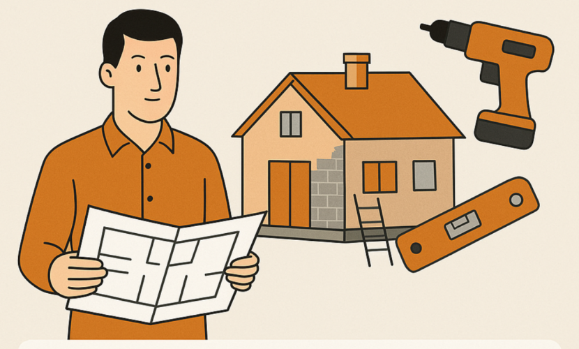 Ilustración digital en estilo plano para el artículo “¿Qué incluye una reforma integral? Guía paso a paso para propietarios”, que muestra a un hombre con planos, una casa en reforma y herramientas de construcción como un taladro y un nivel, representando las fases clave del proceso.