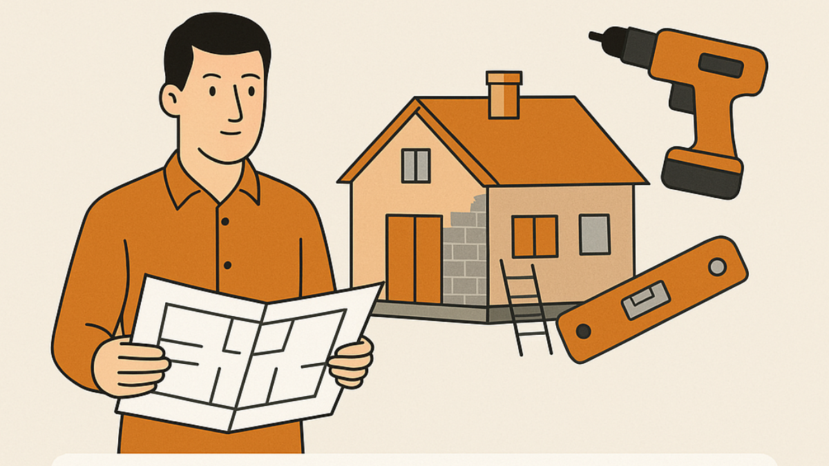 Ilustración digital en estilo plano para el artículo “¿Qué incluye una reforma integral? Guía paso a paso para propietarios”, que muestra a un hombre con planos, una casa en reforma y herramientas de construcción como un taladro y un nivel, representando las fases clave del proceso.
